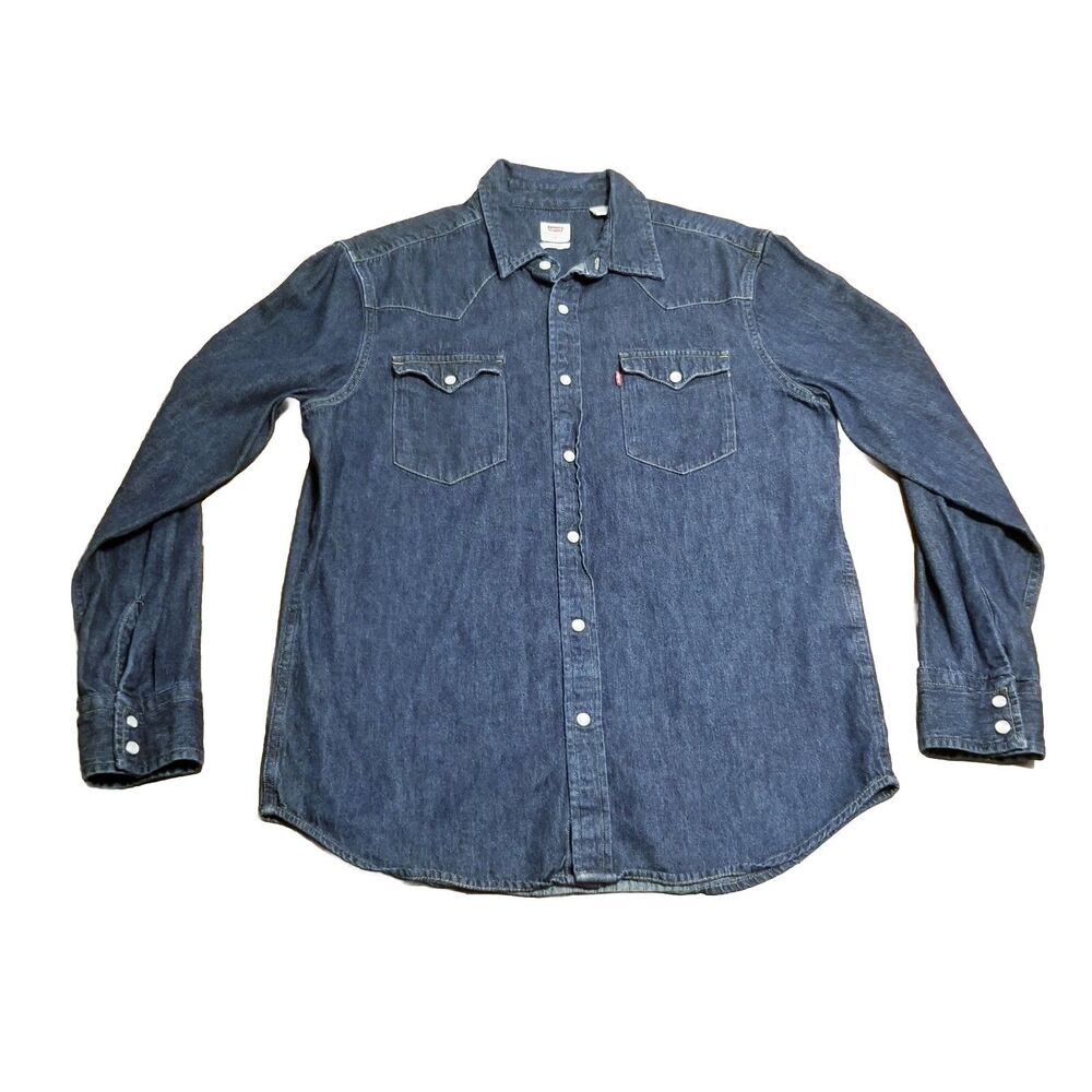 Levi's Barstow Western Shirt Men's Size Medium Pearl Snap Dark Blue Denim Cowboy